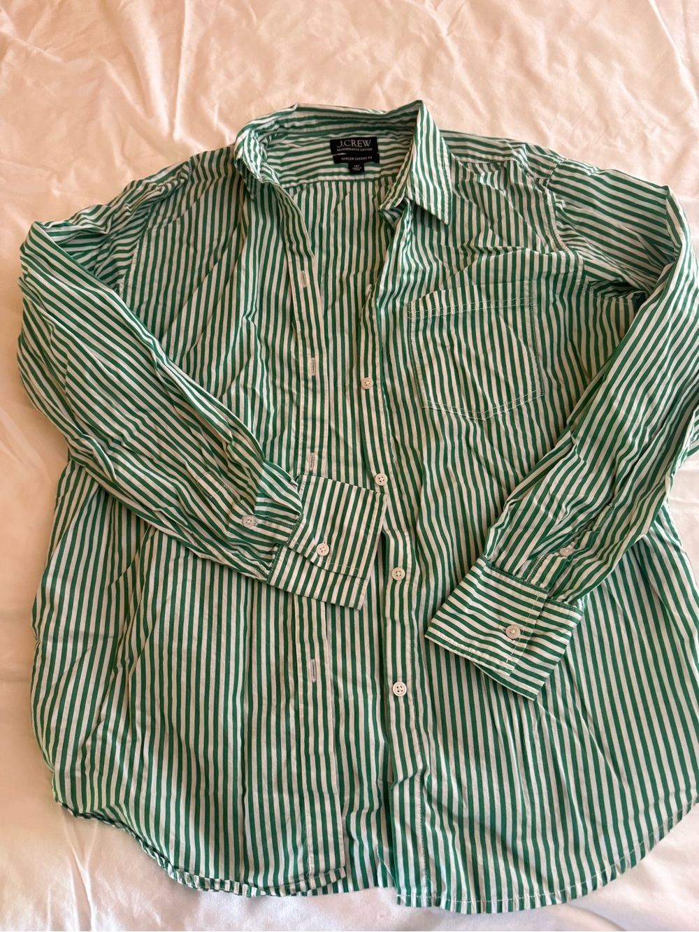 J. Crew Women’s Green and White Striped Button-Down Shirt Size 10T